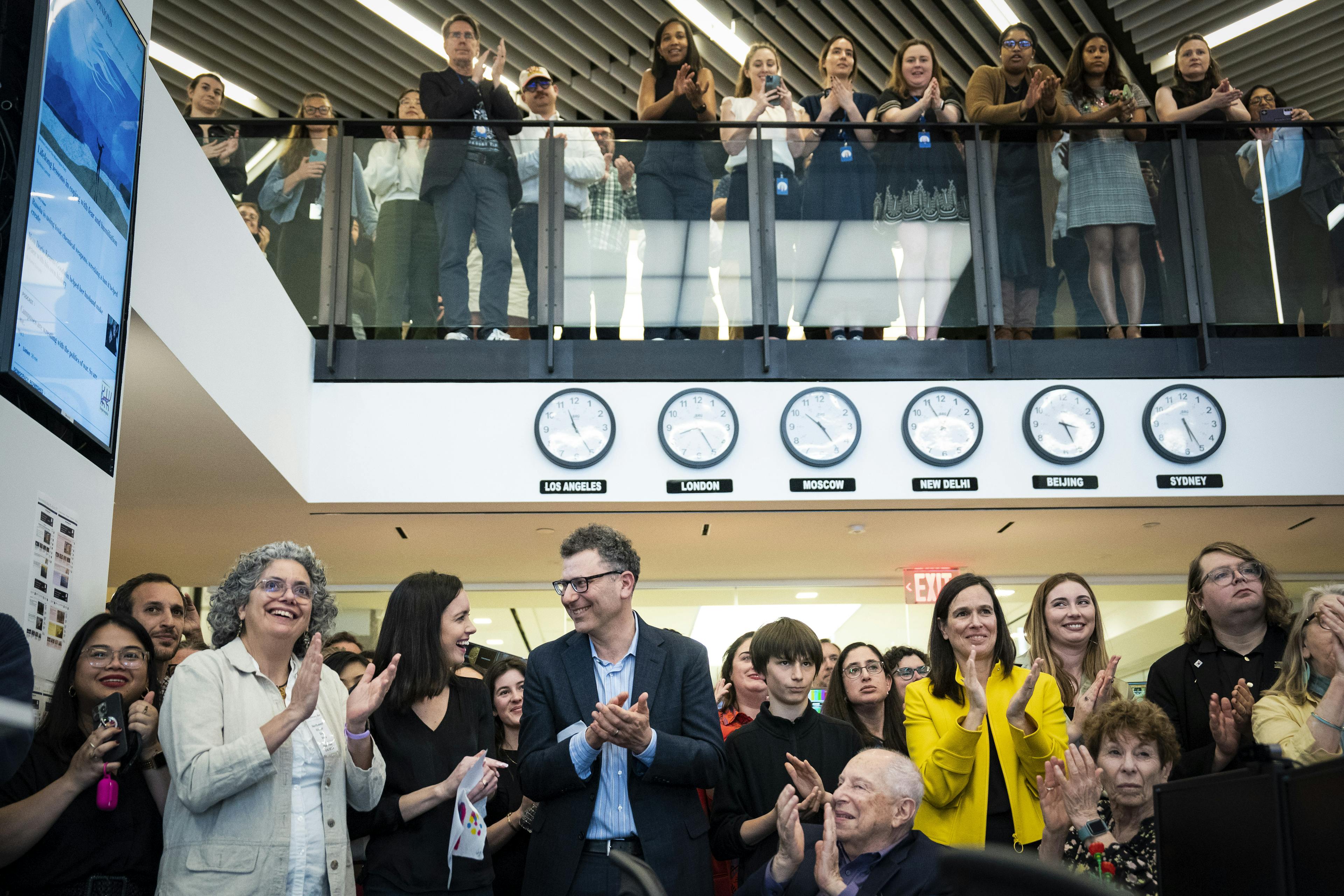 Washington, DC - May 6 : Silvia Foster-Frau, Peter Wallsten and staff of The Washington Post react as they learn they have won the 2024 Pulitzer Prize for national reporting during a newsroom gathering in Washington, DC on Monday, May 06, 2024. (Jabin Botsford/The Washington Post)